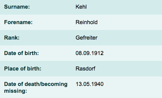 Photo credit: to volksbund.de/en/graebersuche, A view of from the statistical datasheet of Reinhold Kehl, ✞ Final gravesite: Row U Grave 13.